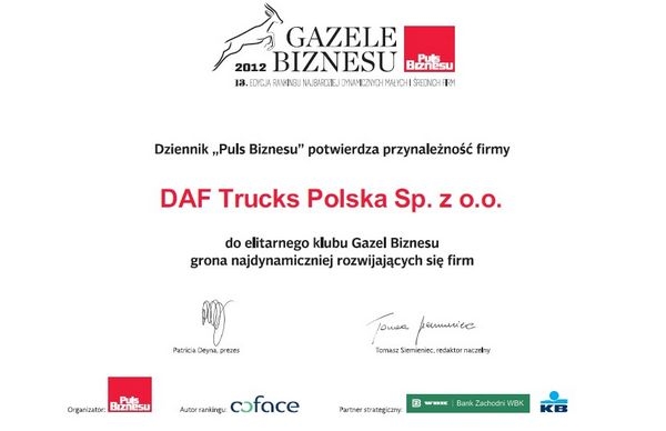 Tytuł Gazeli Biznesu 2012 dla DAF Trucks Polska