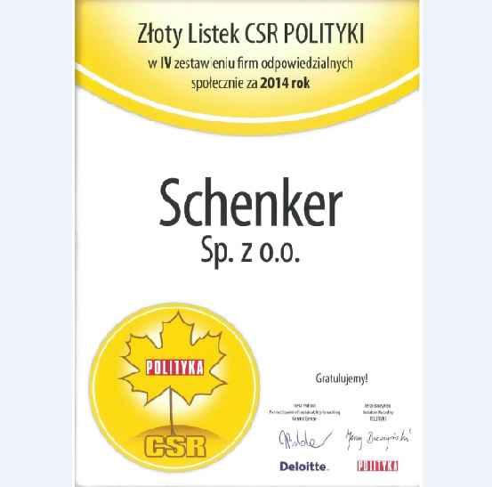 DB Schenker Logistics uhonorowany Złotym Listkiem CSR