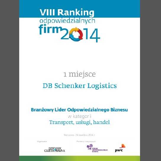DB Schenker Logistics w Polsce zwycięzcą Rankingu Odpowiedzialnych Firm 2014